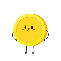 Gold coin in different poses. Money coin character. Funny vector cartoon characters isolated on white background.