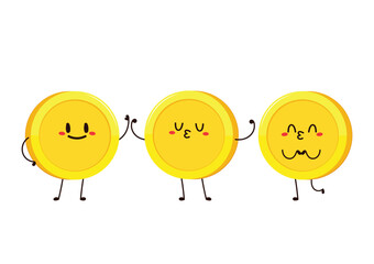 Gold coin in different poses. Money coin character. Funny vector cartoon characters isolated on white background.