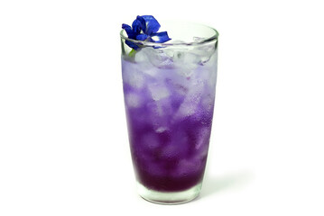 A glass of cool butterfly pea juice with cube ice and butterfly pea flower isolated on white background close up