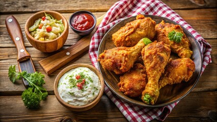 High Angle View of Crispy Fried Chicken Drumsticks with Coleslaw and Pickles - Delicious Southern Comfort Food, Tasty Snack, Appetizing Meal,