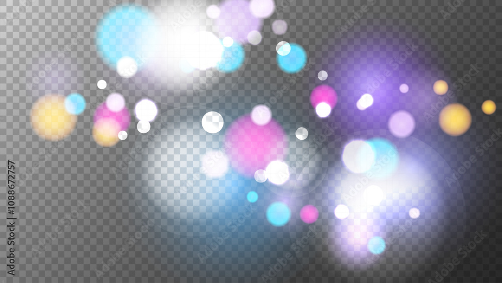 Leinwandbilder Bright bokeh lights texture. Abstract blur light effect. Blurred overlay template. Transparent background. Vector illustration.