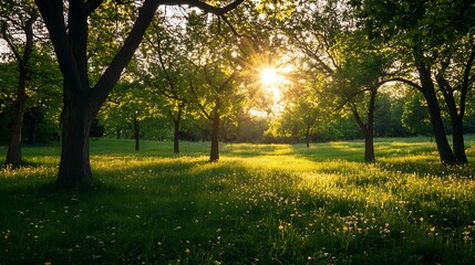 Naklejka premium Sunset in a Green Meadow