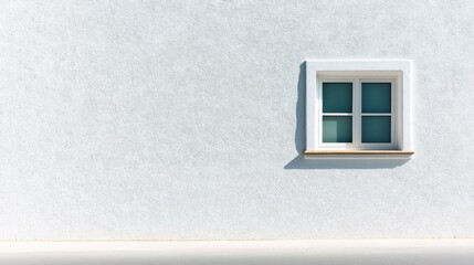 Fototapeta premium Minimalist exterior wall with a single window in bright sunlight casting a shadow. The wall is textured with a light color, and the window has a white frame with opaque glass.