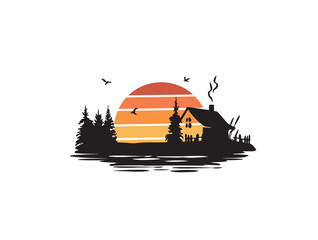 house by the water vector silhouette. house by the lake vector silhouette. lake house sunrise on the river vector silhouette