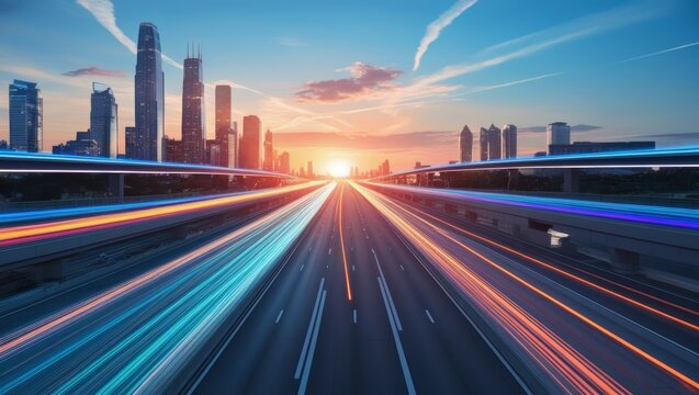 warp speed in hyper loop with blur light from buildings' lights in mega city. Concept of next generation technology, fin tech, big data, 5g fast network, machine learning