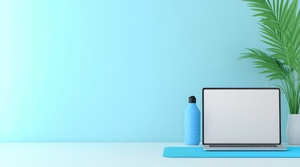 Online fitness class setup with yoga mat and water bottle against a calming blue background for a healthy lifestyle