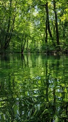 Obraz premium Reflection of green forest on calm lake