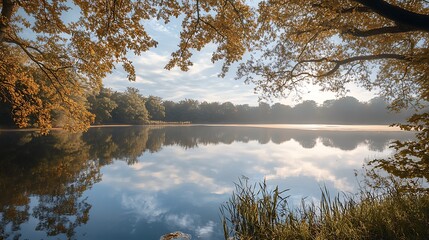 Obraz premium Autumn lake reflection. Peaceful nature scene.