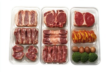 A variety of meats are displayed in clear plastic containers