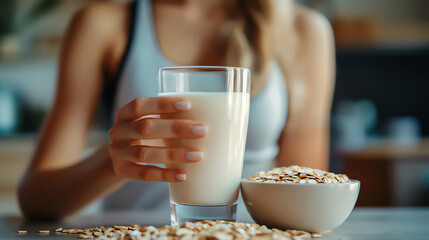 Healthy beverage with oat milk and grains, perfect for a nutritious breakfast or snack in a modern kitchen setting.