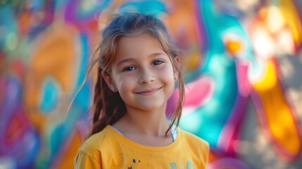 A young girl with long brown hair and blue eyes smiles cheerfully at the camera.
