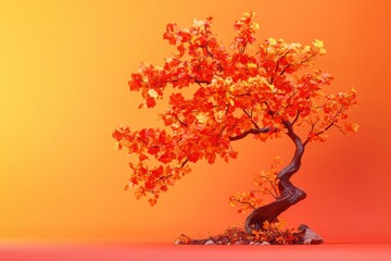 A tree with colorful leaves stands in front of a background