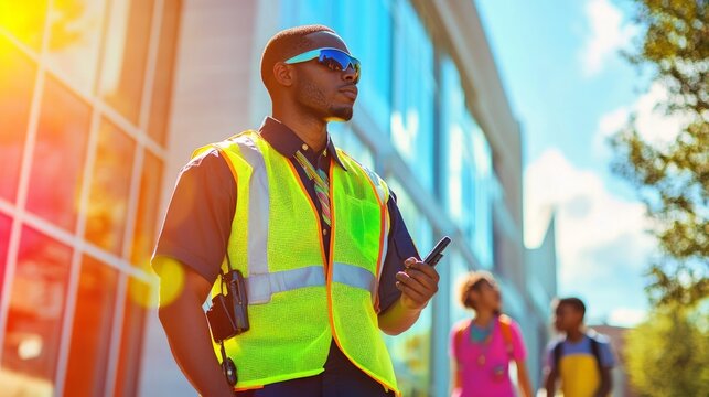 School security guard in high-visibility vest, holding walkie-talkies, watches over colorful students walking by, vibrant school backdrop enhances community safety scene.