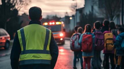 School Safety Patrol, A vigilant security guard in a high-visibility vest oversees students in colorful outfits as they disembark from a bus, an ambulance flashing nearby.