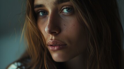 A close-up portrait of a woman with long dark hair looking directly at the camera.