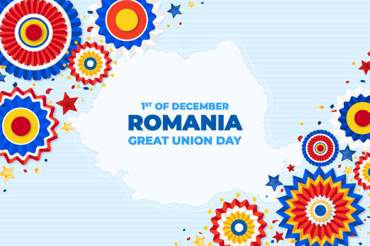 Romania National Day Banner, 1 December. Happy Romania independence day background with map, paper rosette and confetti - Powered by Adobe