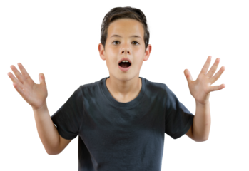 Surprised child boy with open arms isolated over transparent background. PNG transparent.
