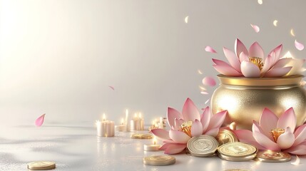 Vector illustration of Akshaya Tritiya celebration with a golden kalash, gold coins on decorated background.illustration