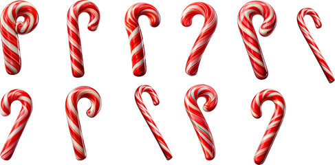 Colorful Candy Canes with Red and White Stripes Arranged on a Transparent Background, Ideal for Festive Holiday and Christmas-Themed Projects and Designs