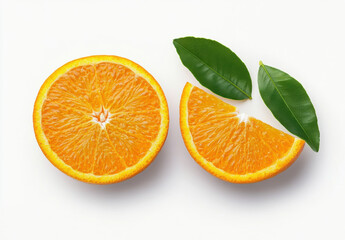 Fototapeta premium Fresh orange slices with vibrant color and green leaves