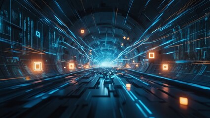 Abstract technological tunnel with blue and orange light