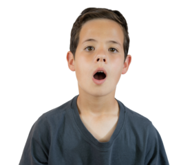 Young boy whistling and looking to the camera over transparent background. PNG transparent.