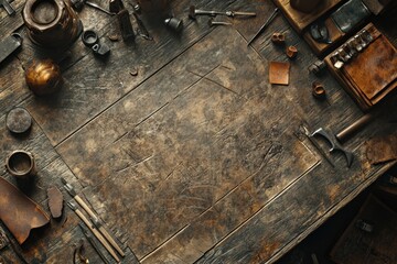 Naklejka premium A table with leather scraps and tools on it