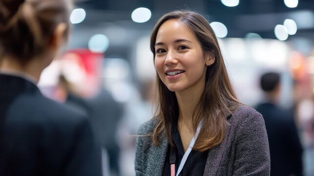 A candid shot of a woman conversing at a trade fair, gaining valuable experience and knowledge from industry experts.