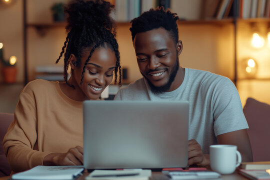 Happy African American Couple Using Laptop Together at Home for Work or Study