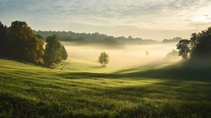 Obraz premium Misty Sunrise Meadow Landscape