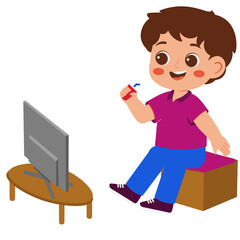Boy Enjoying Snack While Watching TV Illustration