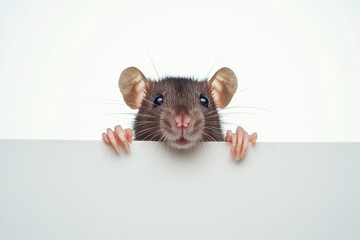 cute brown mouse peeking over white surface, showcasing its curious expression and whiskers. This adorable rodent captures attention with its bright eyes and tiny paws