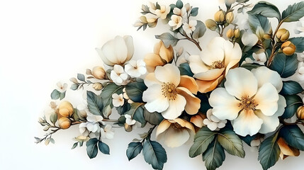 A Watercolor Illustration of a Bouquet of White and Yellow Flowers with Green Leaves on a White Background