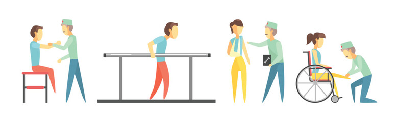 People Character at Physiotherapy and Rehabilitation Session Vector Set