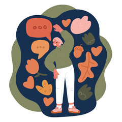 Cartoon vector illustration of an elderly woman exercising with a dumbbell, fitness and health concept over dark background