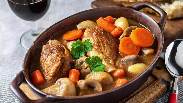 Delicious coq au vin, braised chicken in red wine, with mushrooms and vegetables