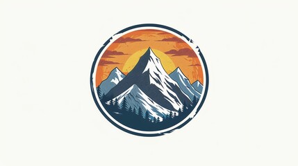 A vintage-style logo with a mountain range and a setting sun in a circular design.