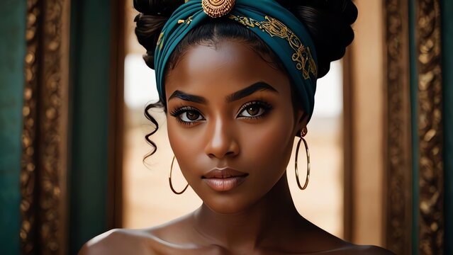 An extremely intricate digital artwork of a young, dark-skinned woman,
