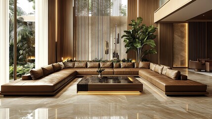 Fototapeta premium Modern living room with large brown sectional sofa, wooden coffee table, and floor-to-ceiling windows.