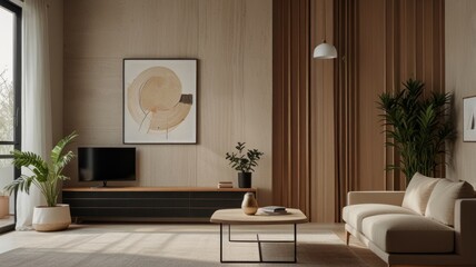 Here's a description and keywords for your stock photo.. Minimalist living room with beige sofa, wooden walls, and modern decor.