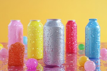 A row of clear plastic bottles with different colored lids