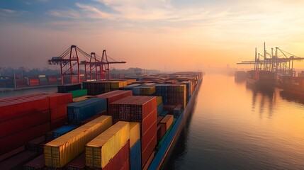 Naklejka premium Cargo Ship at Sunset, Global Trade and Logistics