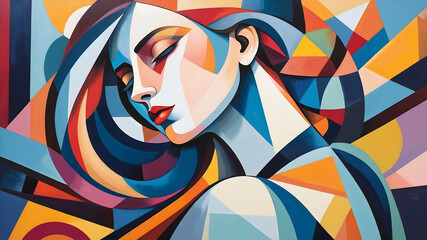 Abstract Cubist Portrait of a Woman in Vibrant Geometric Patterns and Bold Colors

