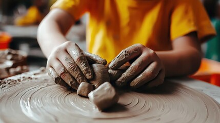 Hands at Work on the Potter's Wheel with Clay