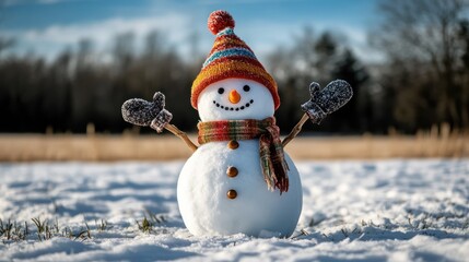 Obraz premium Big smiling snowman with bucket hat, scarf and gloves on white snowy field winter landscape, blurred black trees and blue sky copy space background. . Merry Christmas and happy new year greeting card