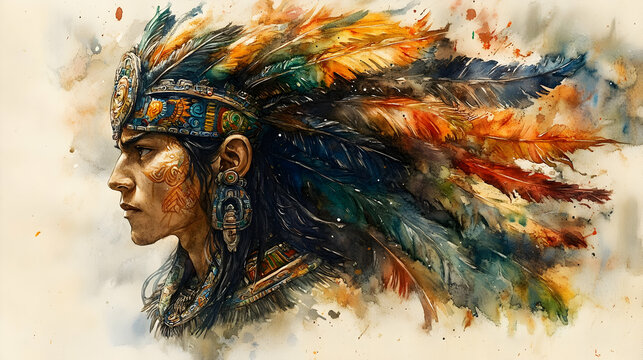 Warrior's Watercolor Portrait: Feathers, Adornment, Ancient Culture