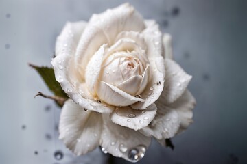 delicate white rose flower with dew drops of water macro	