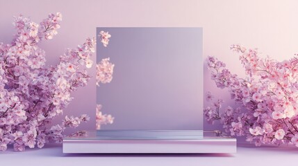 Elegant and Serene Display of a Mirror Surrounded by Beautiful Cherry Blossom Flowers in Soft Pastel Colors for Product Presentation or Photography Background