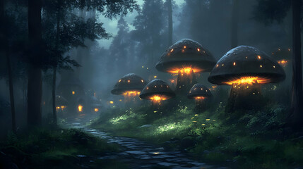 Enchanted Forest Path: Glowing Mushroom Houses at Night