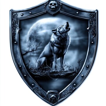 A silver shield with a wolf howling at the moon, surrounded by a skull and intricate designs.